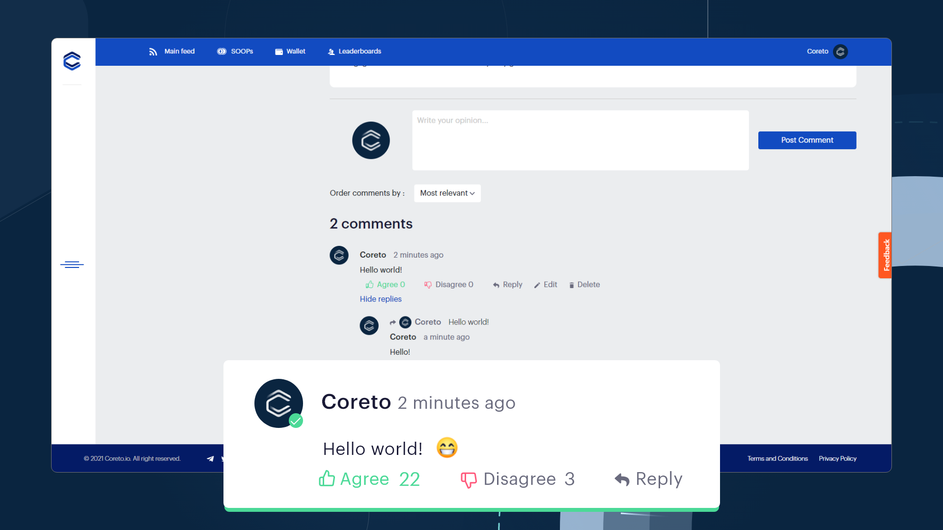 Coreto Platform screenshot - Comment System | Coreto.io