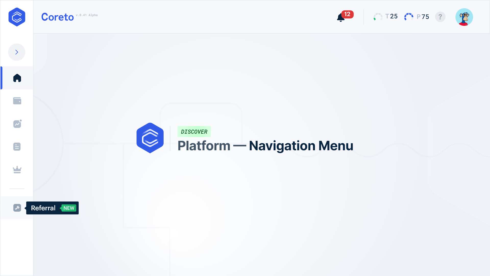 Coreto platform - navigation menu